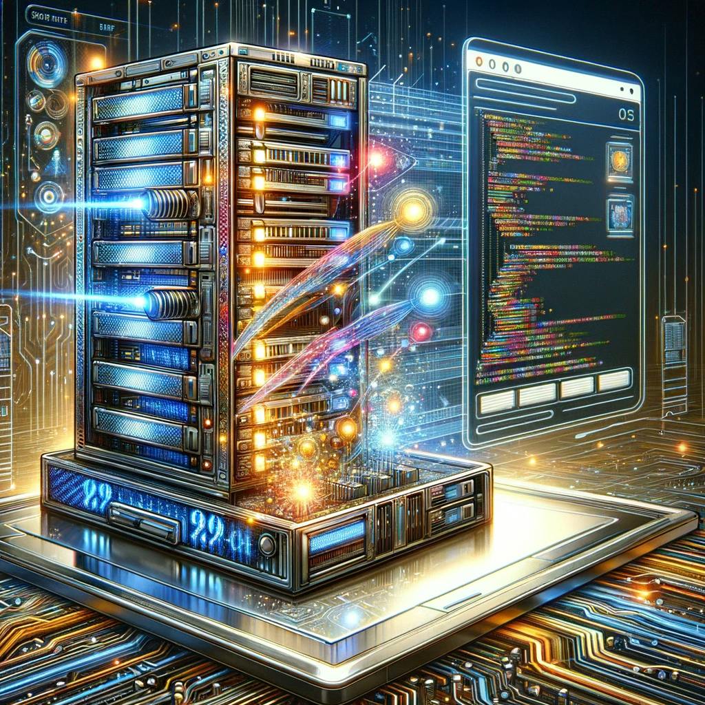 Detailed illustration representing server rendering on an e-commerce platform, showing a stylized server rack with intricate circuits and bright lights, symbolizing the active processing of data and digital signals directed to a web browser, highlighting the importance of server rendering to accelerate web page loading times and improve the user experience in web development.