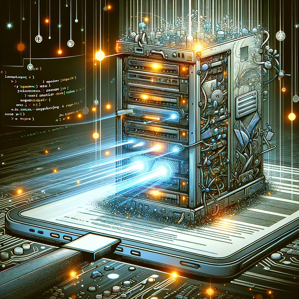 This detailed illustration vividly depicts server-side rendering, a key feature of Next.js 13. The image presents a stylized server rack, complete with intricate circuits and glowing lights, symbolizing active data processing. Digital signals emanate from the server to a web browser, which shows a partially loaded webpage. The webpage visually comes to life with code snippets and content appearing as the page renders. The background is a blend of digital elements and abstract designs, conveying a strong sense of advanced technology and data transfer. This illustration effectively explains the concept of server-side rendering, highlighting its crucial role in speeding up web page loading times and enhancing overall user experience in web development.