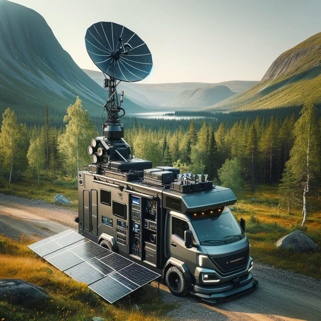 Photo of a sleek, fully equipped Cybertruck with a camper conversion, showcasing solar panels and a Starlink antenna deployed, stationed in a remote area surrounded by nature, demonstrating self-sufficiency and connectivity off the grid.