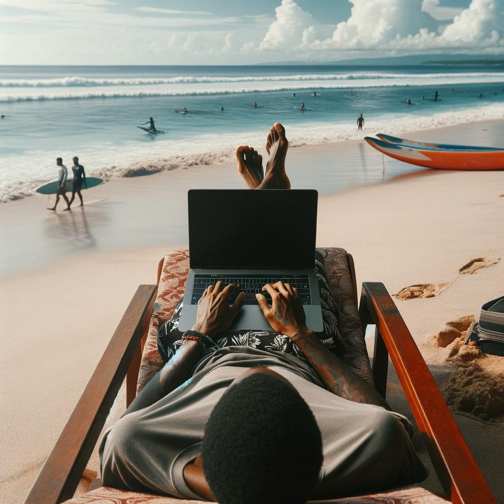 Foto de una persona de ascendencia africana recostada en una silla de playa en Bali, con los pies en la arena, tecleando en un portátil. En el fondo, la playa se extiende con surfistas y el horizonte del mar, mostrando un entorno de trabajo relajado con un sentido de aventura y libertad.